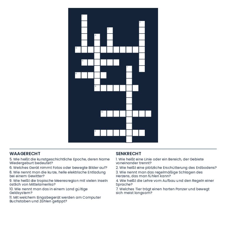 Kreuzgitter mit anspruchsvollen Allgemeinwissensfragen ab 12