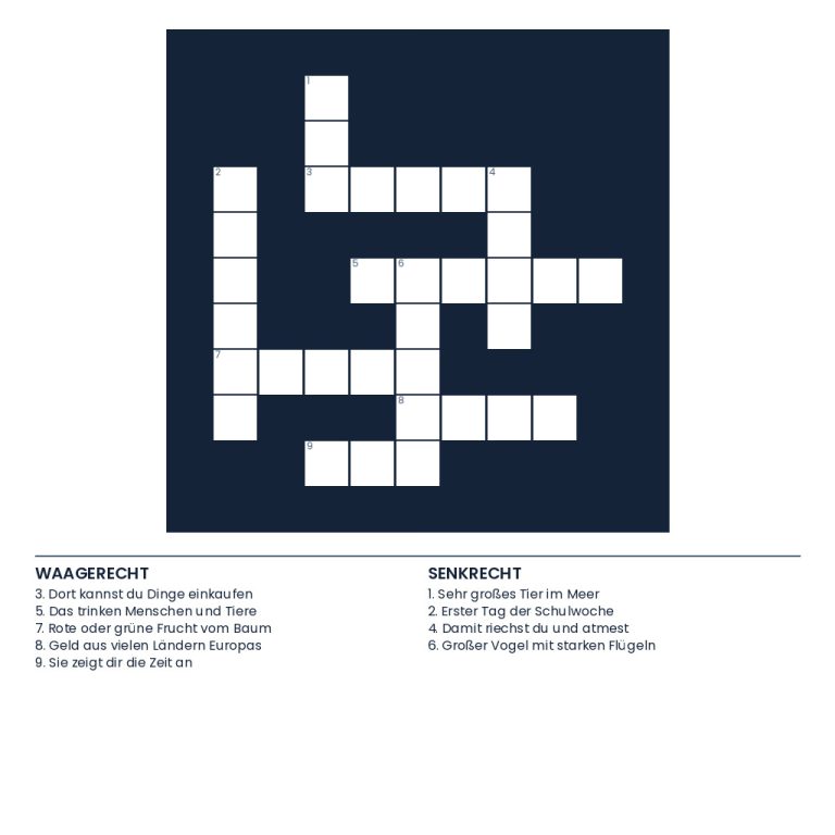 Buntes Kinder-Kreuzworträtsel mit Fragen zum Allgemeinwissen