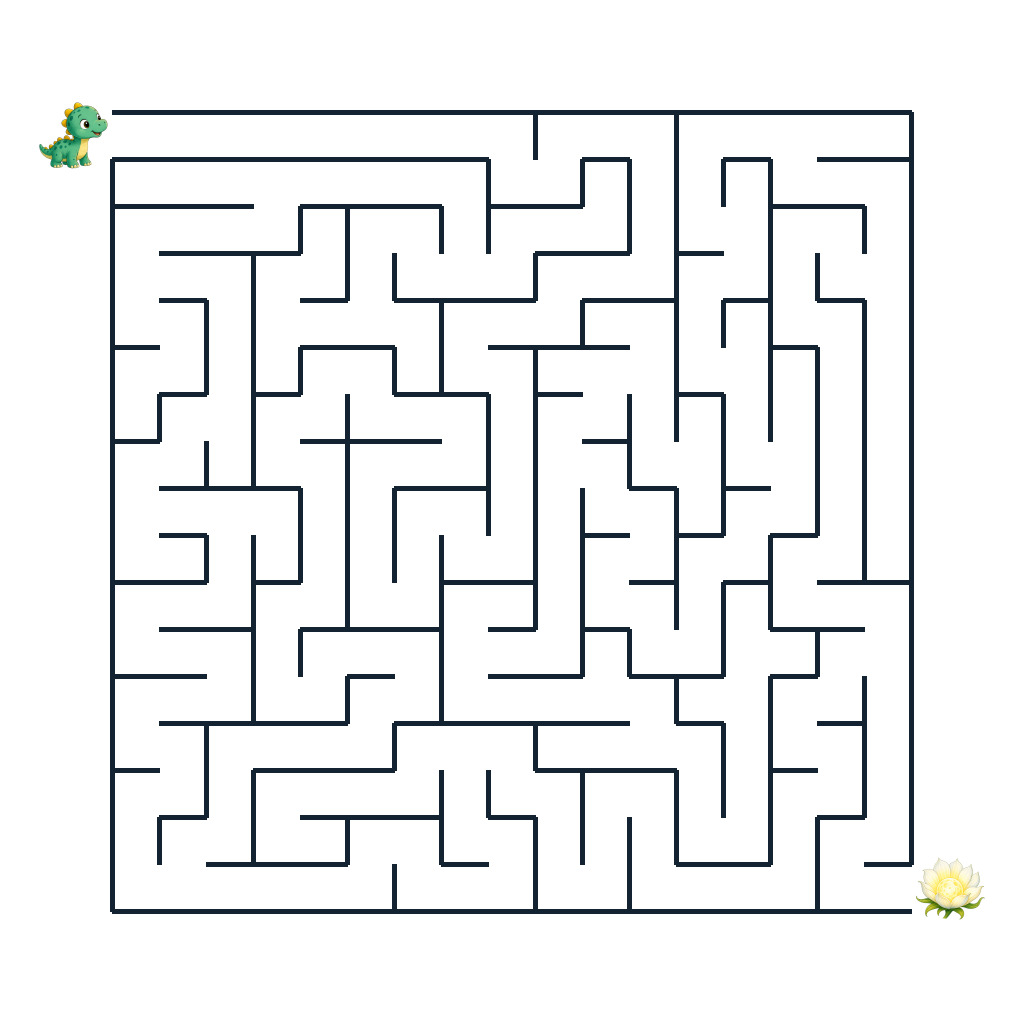 Dino-Baby auf dem Weg durch ein Labyrinth zu einer leuchtenden Mondblüte