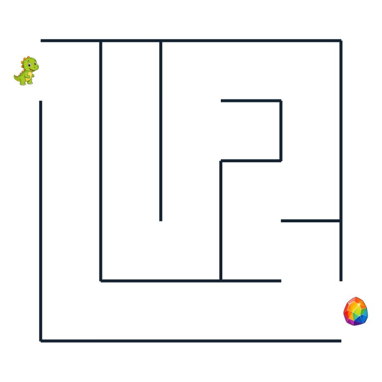 Kleiner Dinosaurier auf dem Weg zu einem bunten Farbstein im Labyrinth