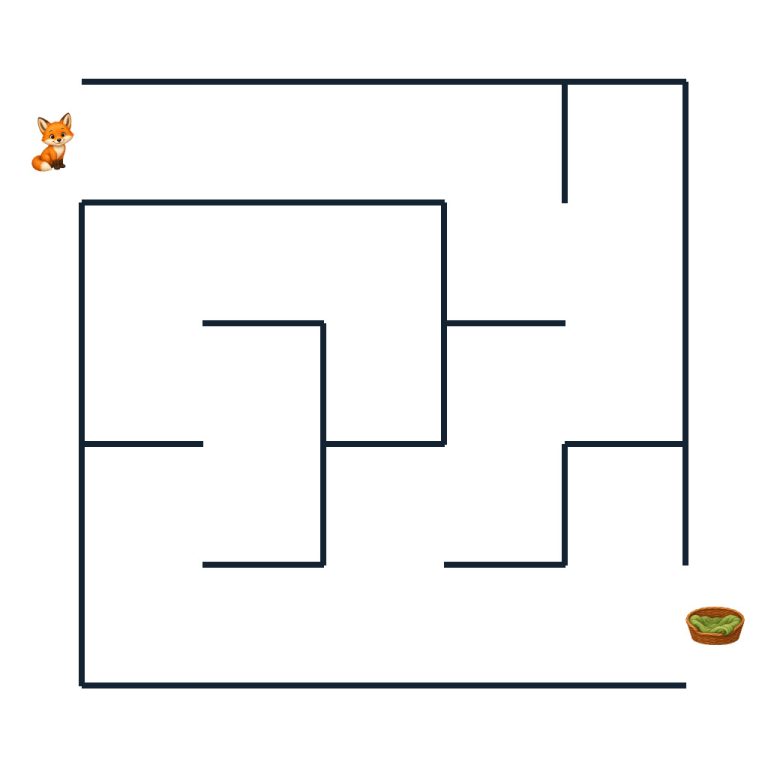 Ein kleiner Fuchs sucht im einfachen Tier-Labyrinth den Weg zu seinem Körbchen