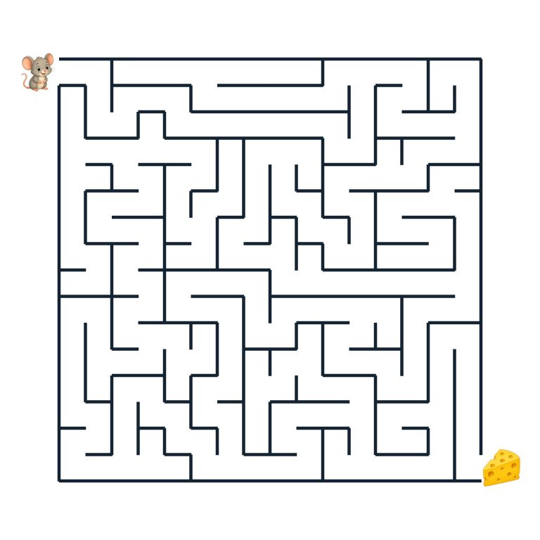 Mila Maus auf dem Weg durch ein Labyrinth zu einem Stück Käse