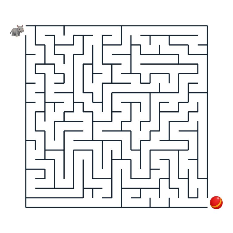Schwieriges Labyrinth mit Nora Nashorn und ihrem roten Spielball