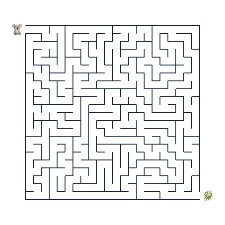 Kuno Koala sucht den richtigen Weg zum Eukalyptuszweig im schweren Labyrinth