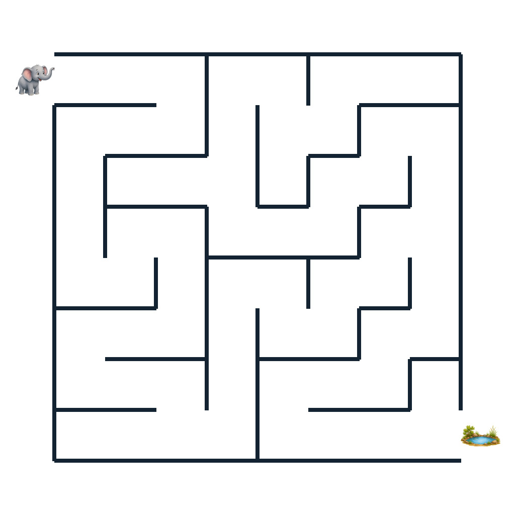 Kinderlabyrinth mit Emil Elefant auf dem Weg zu einer Wasserstelle