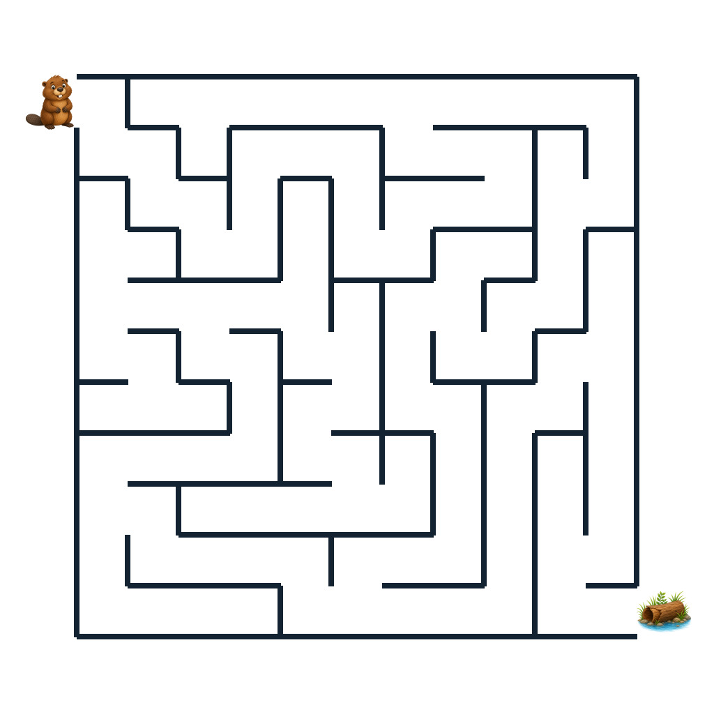 Kinderlabyrinth mit Ben Biber und einem Baumstamm am Bach