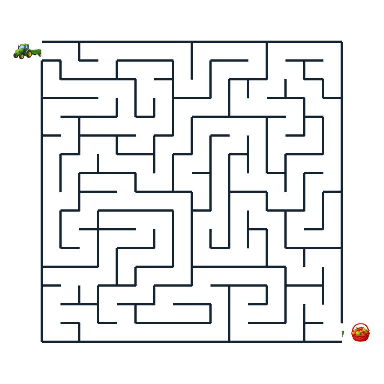 Ein kleiner Traktor findet den Weg durch ein Labyrinth zum roten Apfelkorb