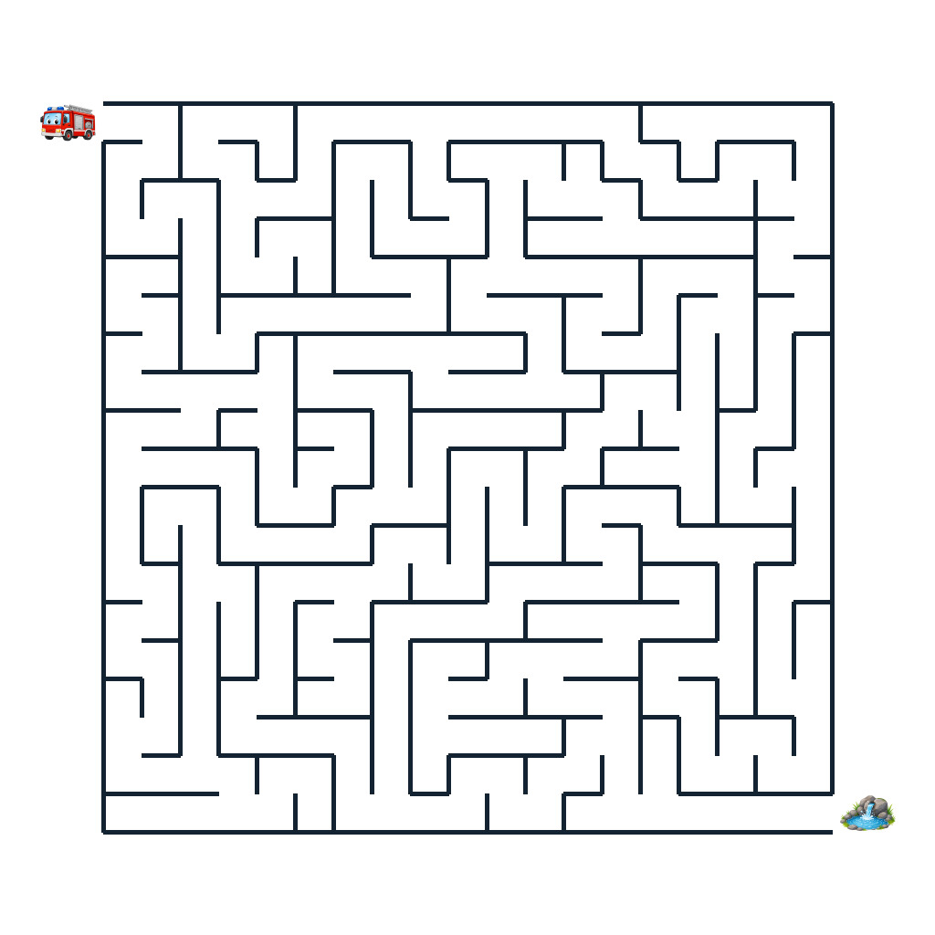 Schweres Labyrinth mit einem Feuerwehrwagen auf dem Weg zu einer Wasserstelle