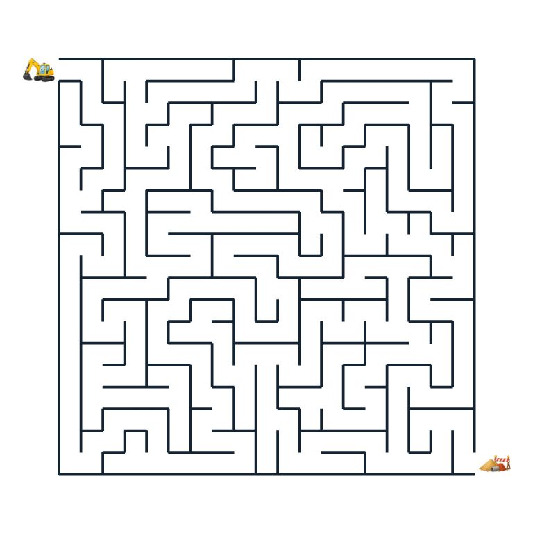 Ein kleiner Bagger sucht den Weg durch ein Labyrinth zur Baustelle