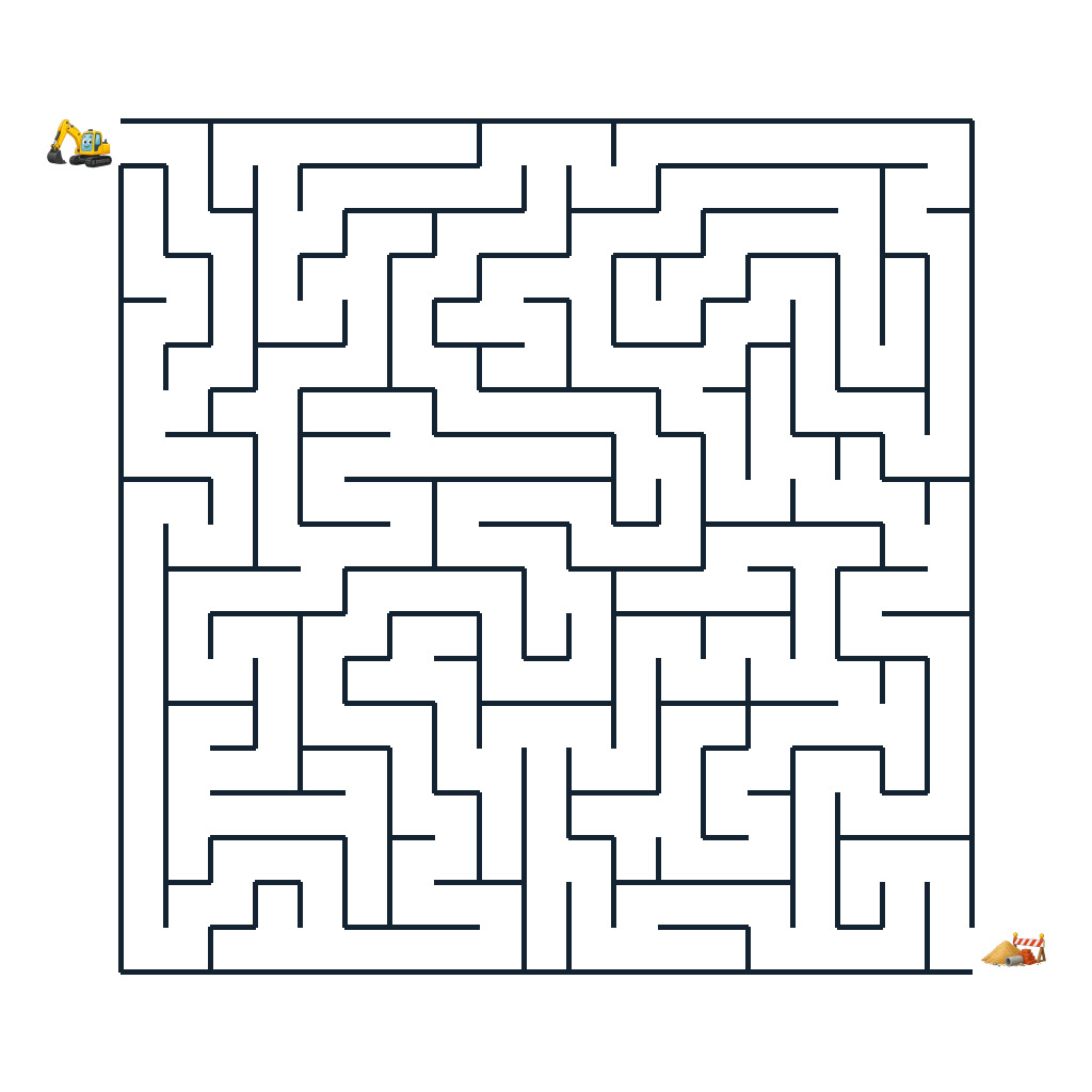 Ein kleiner Bagger sucht den Weg durch ein Labyrinth zur Baustelle