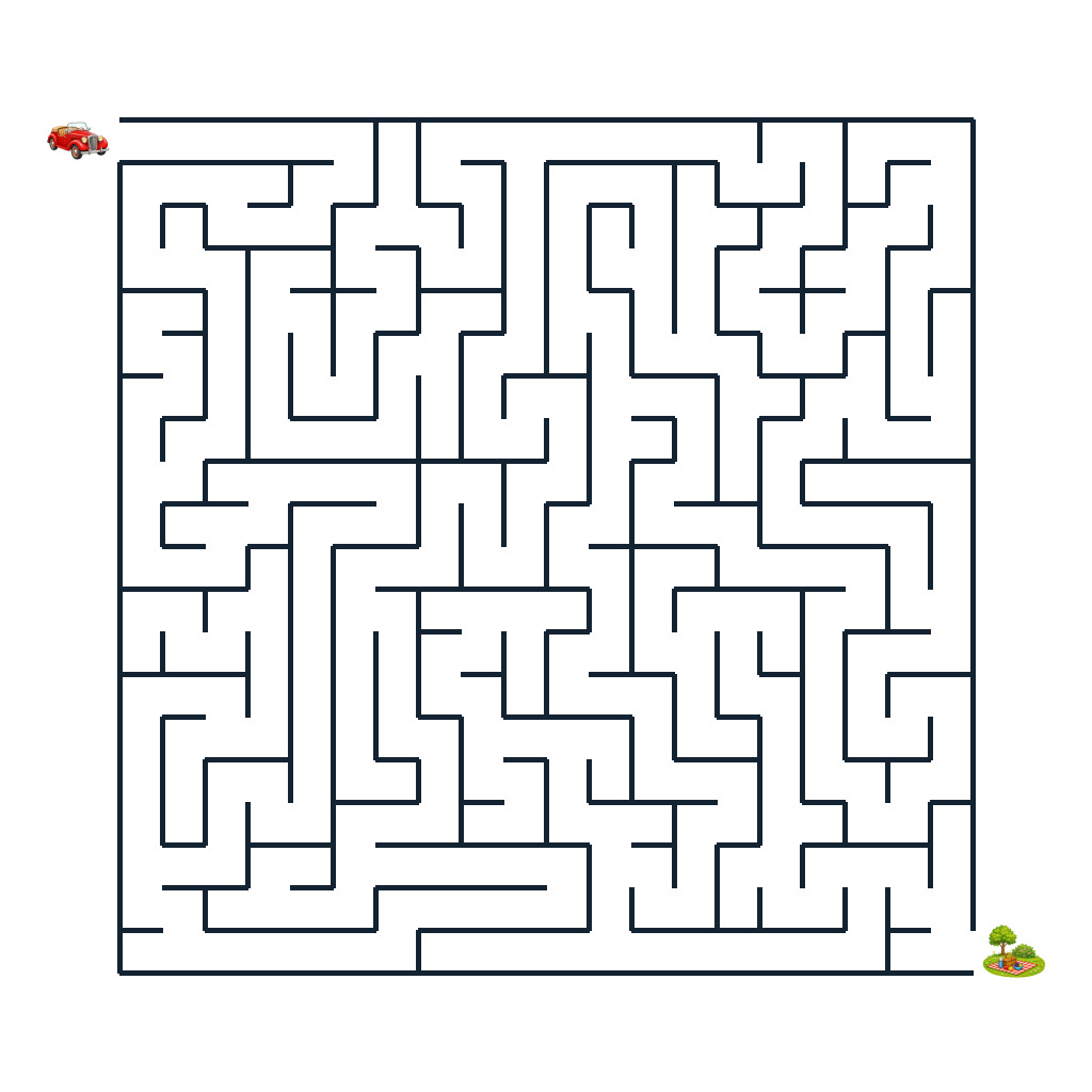 Labyrinth mit einem roten Oldtimer und einer Picknickwiese als Ziel