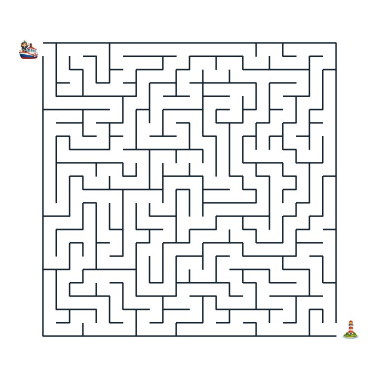 Schwieriges Labyrinth mit einer kleinen Fähre und einem Leuchtturm