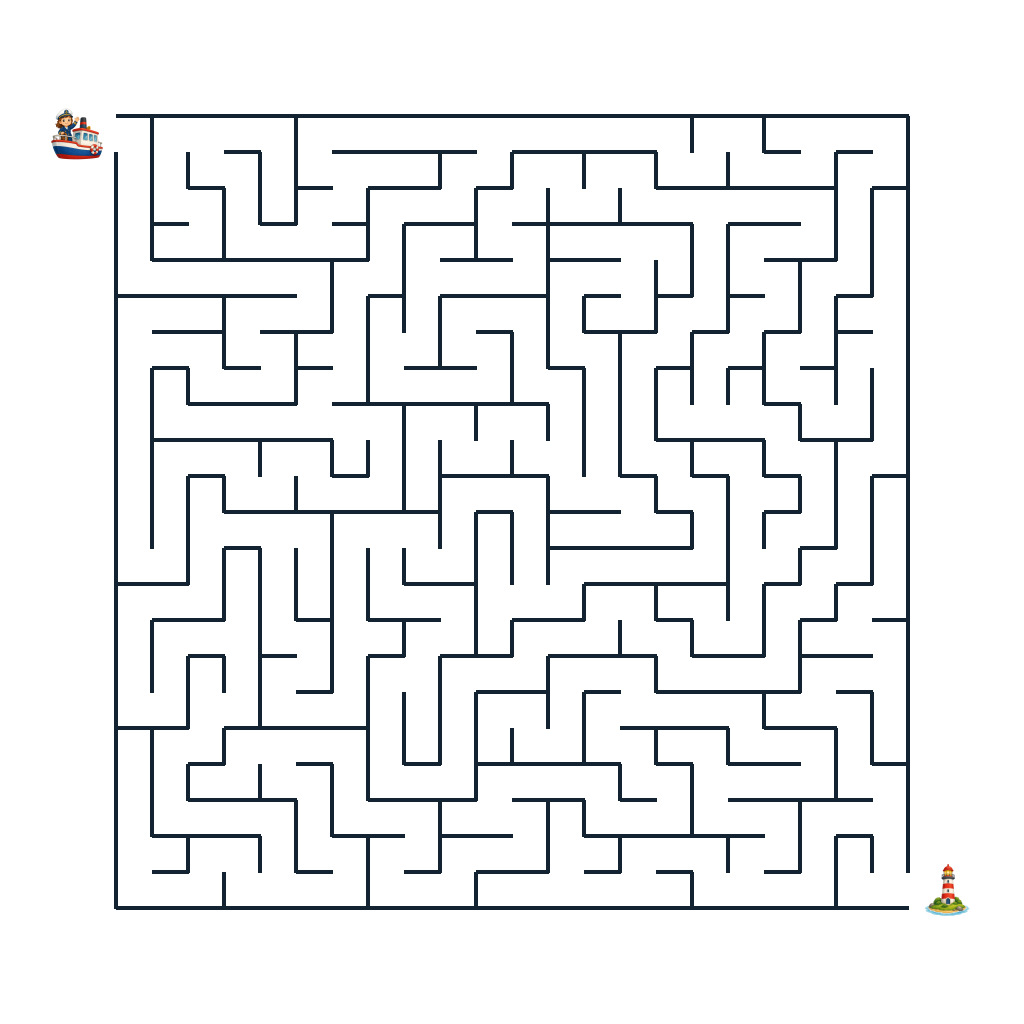 Schwieriges Labyrinth mit einer kleinen Fähre und einem Leuchtturm