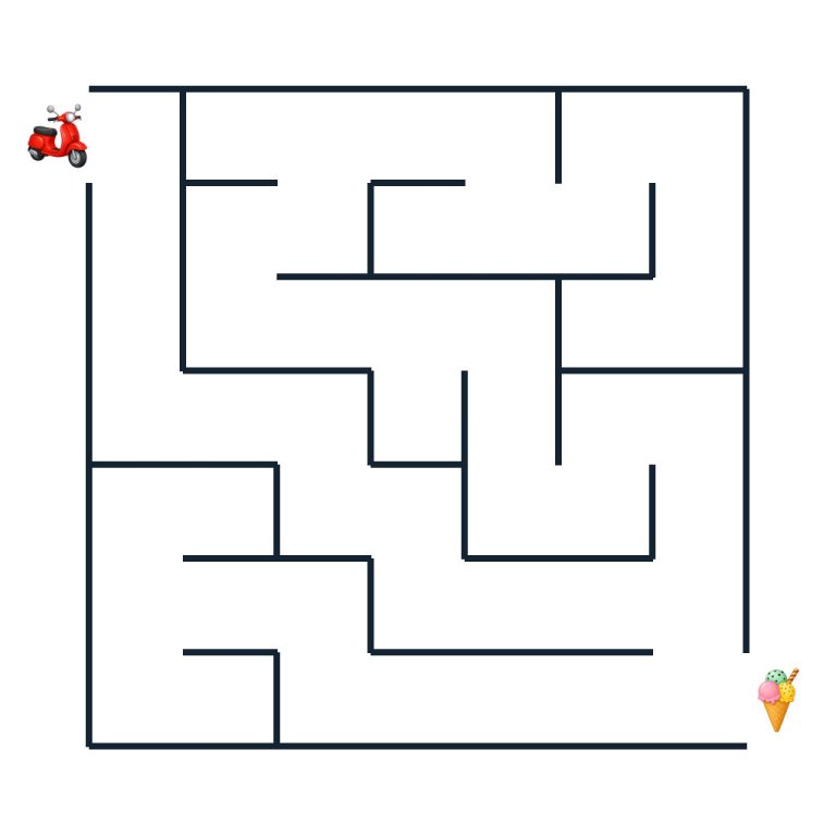 Ein roter Roller sucht den Weg zur Eisdiele durch ein Labyrinth