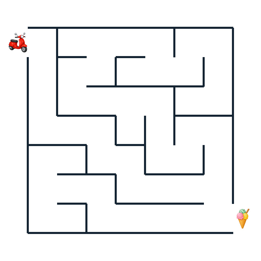 Ein roter Roller sucht den Weg zur Eisdiele durch ein Labyrinth