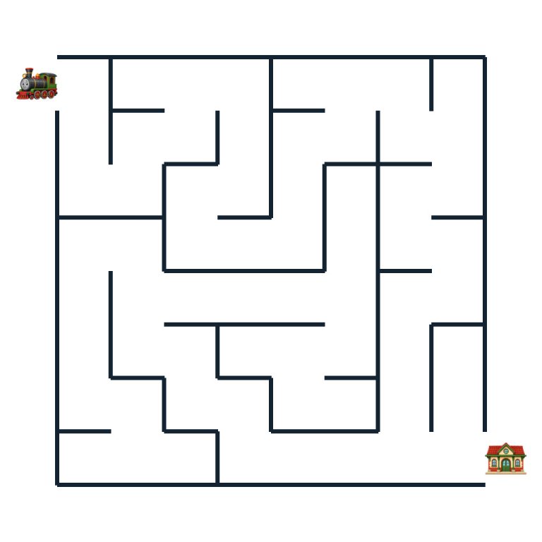 Kinder-Labyrinth mit einer Lokomotive auf dem Weg zu einem Bahnhof