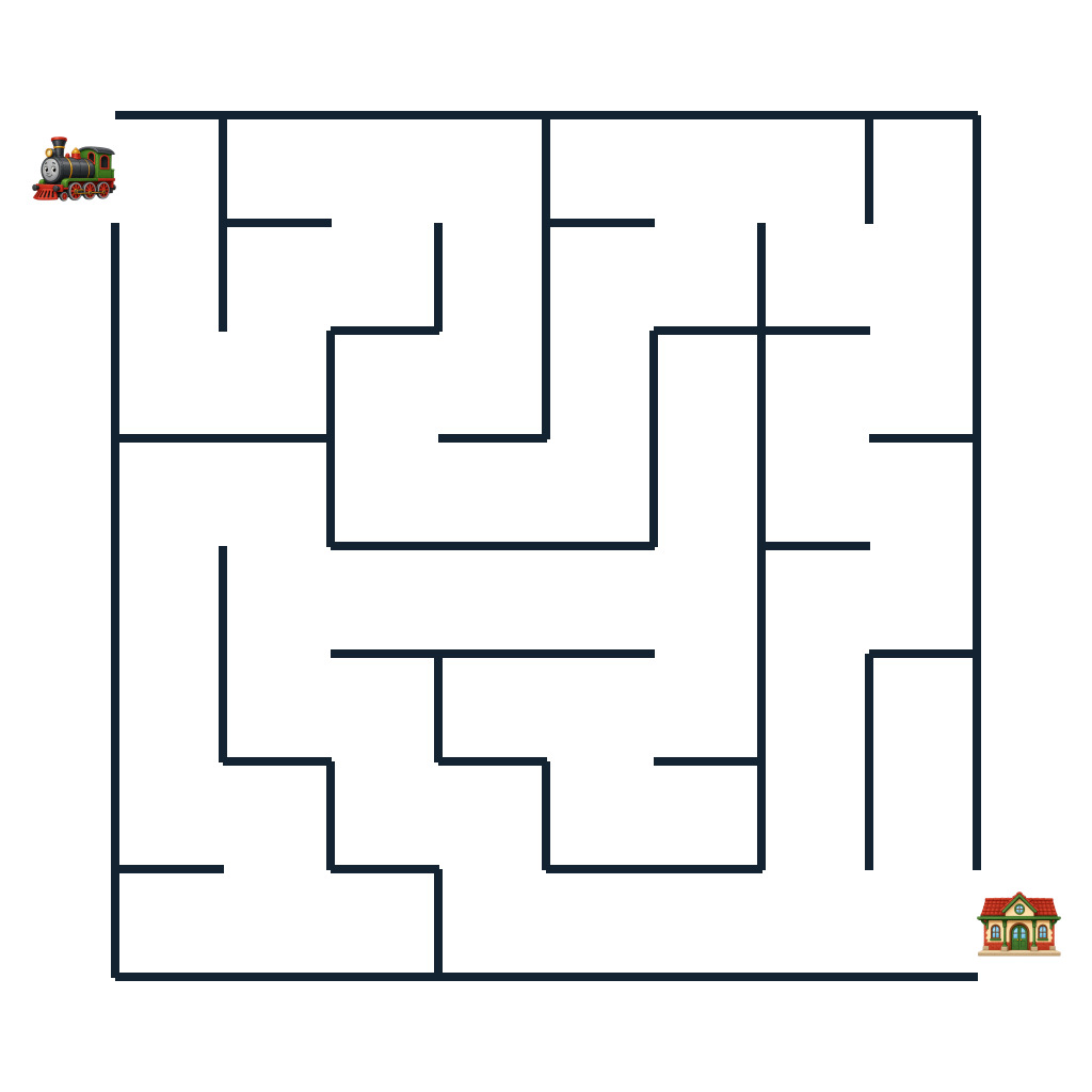 Kinder-Labyrinth mit einer Lokomotive auf dem Weg zu einem Bahnhof