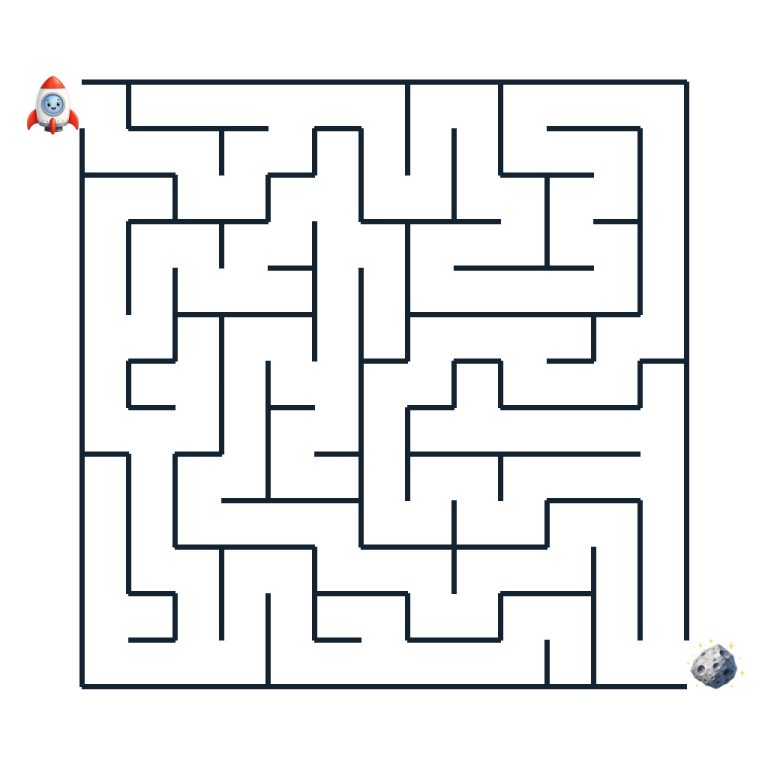 Leichtes Labyrinth mit einer Rakete und Mondgestein als Ziel