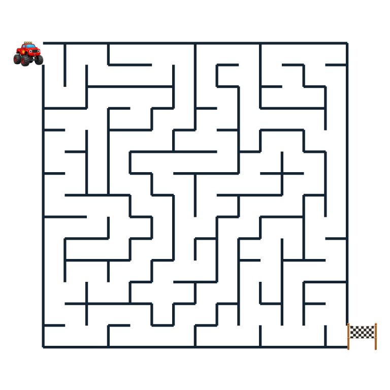 Kinderlabyrinth mit einem Monstertruck auf dem Weg zur Zielflagge
