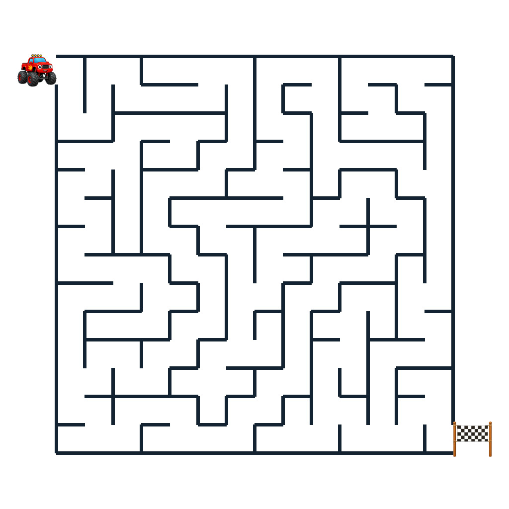 Kinderlabyrinth mit einem Monstertruck auf dem Weg zur Zielflagge