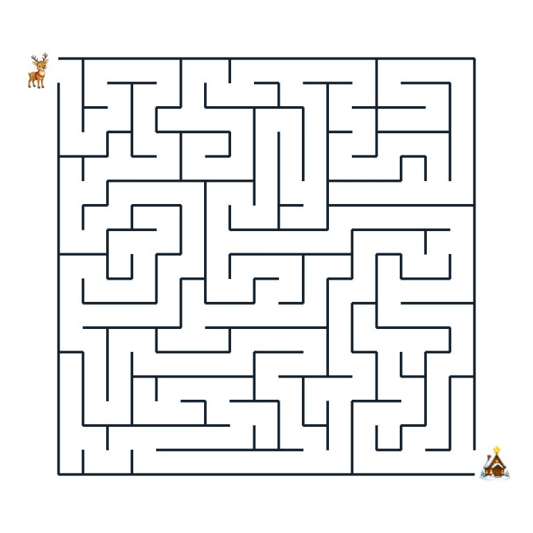 Runa Rentier bringt einen leuchtenden Stern durch ein winterliches Labyrinth zur Hütte