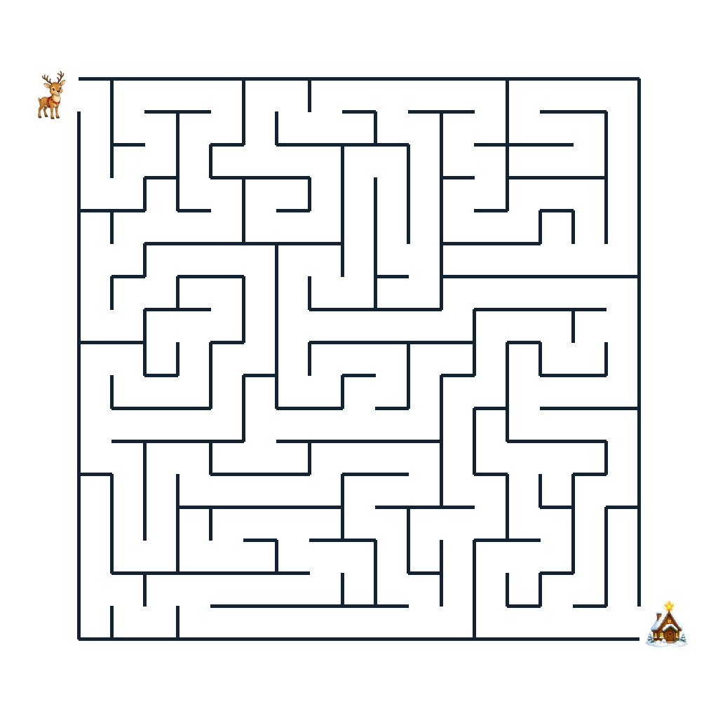 Runa Rentier bringt einen leuchtenden Stern durch ein winterliches Labyrinth zur Hütte
