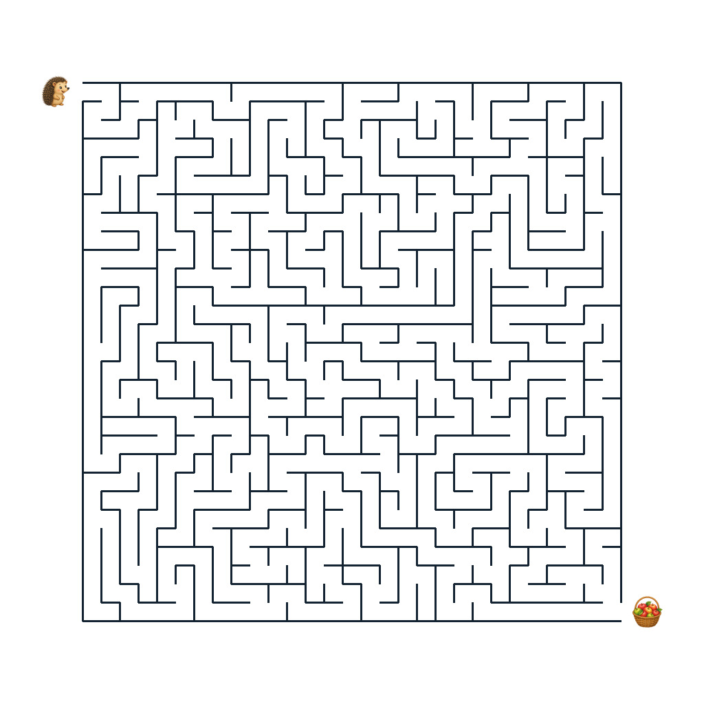 Igel Ivo auf dem Weg durch ein anspruchsvolles Labyrinth zum Apfelkorb