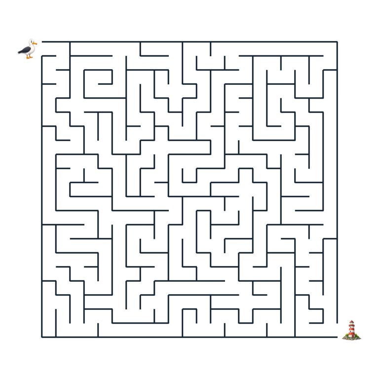 Ari Albatros auf dem Weg durch ein Küsten-Labyrinth zum Leuchtturm
