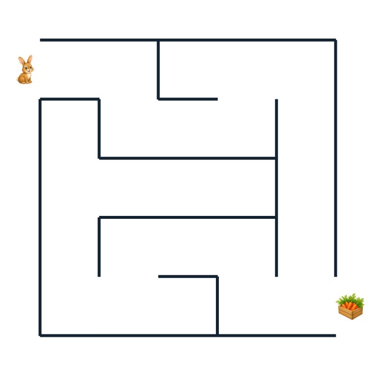 Kinder-Labyrinth mit einem Hasen auf dem Weg zu einer Möhrenkiste
