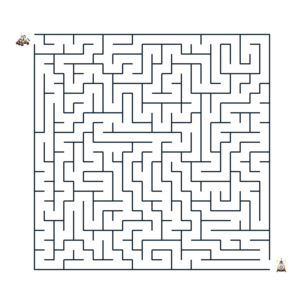 Marsrover auf dem Weg durch ein anspruchsvolles Weltraum-Labyrinth zur Funkkapsel