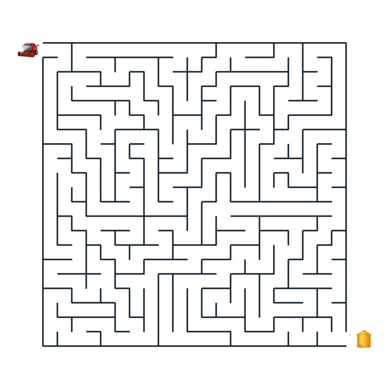 Schweres Bauernhof-Labyrinth mit einem Mähdrescher auf dem Weg zum goldenen Kornspeicher