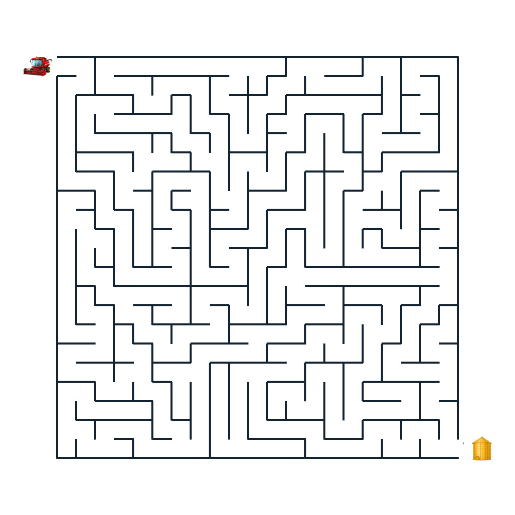 Schweres Bauernhof-Labyrinth mit einem Mähdrescher auf dem Weg zum goldenen Kornspeicher