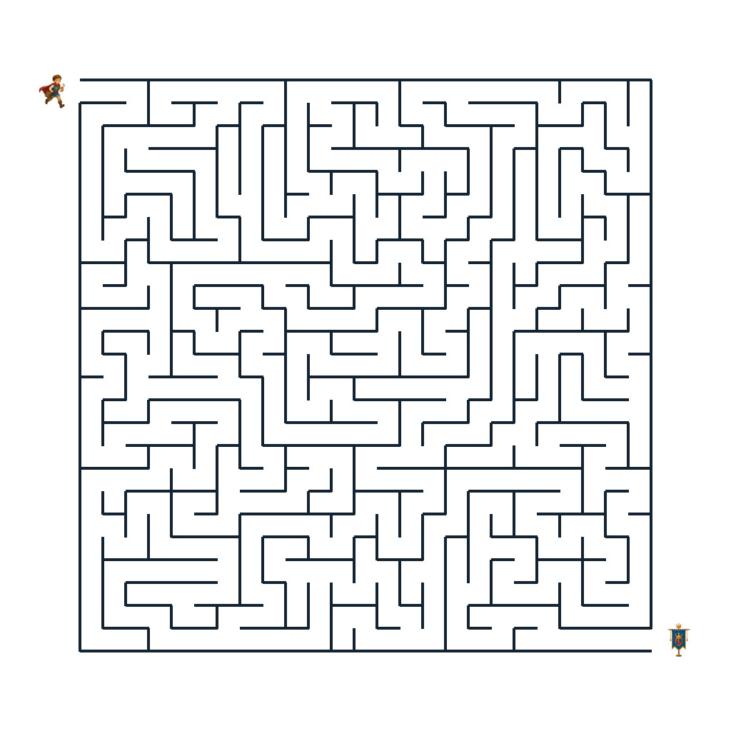 Junger Bote auf dem Weg durch ein Ritterburgen-Labyrinth zum Kronenbanner