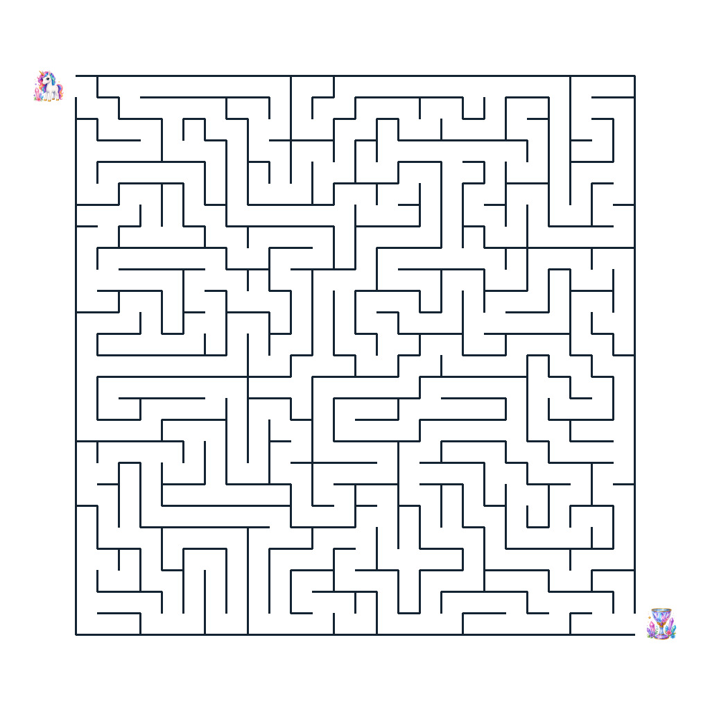 Einhorn Nela auf dem Weg durch ein magisches Labyrinth zum Kristallkelch