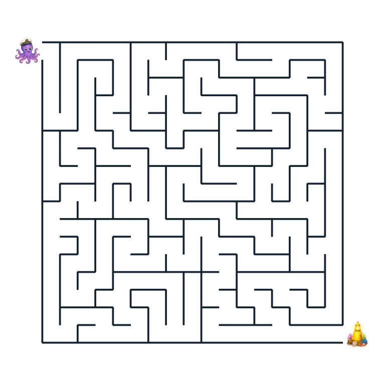Kapitän Kalle, ein freundlicher Tintenfisch, vor einem Unterwasser-Labyrinth mit einer Leuchtboje als Ziel