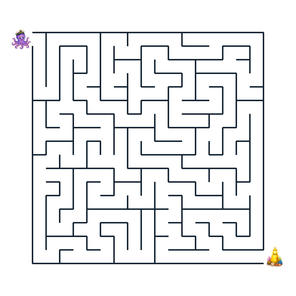 Kapitän Kalle, ein freundlicher Tintenfisch, vor einem Unterwasser-Labyrinth mit einer Leuchtboje als Ziel