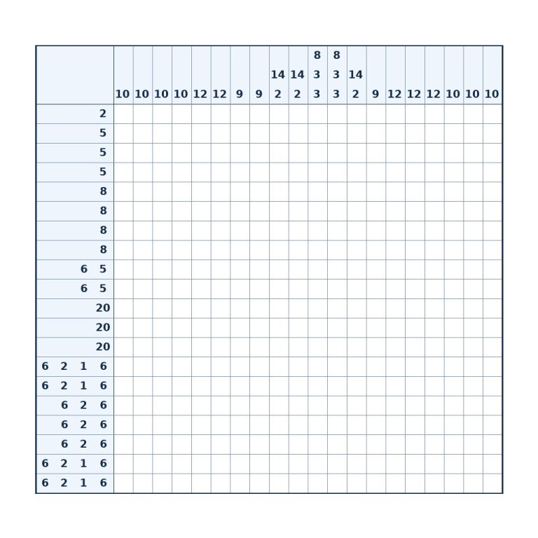 Nonogramm mit 20 × 20 Feldern und Zahlenhinweisen