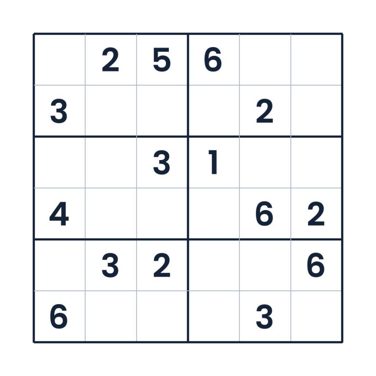 6x6 Sudoku für Kinder ab 8 Jahren mit Zahlen von 1 bis 6