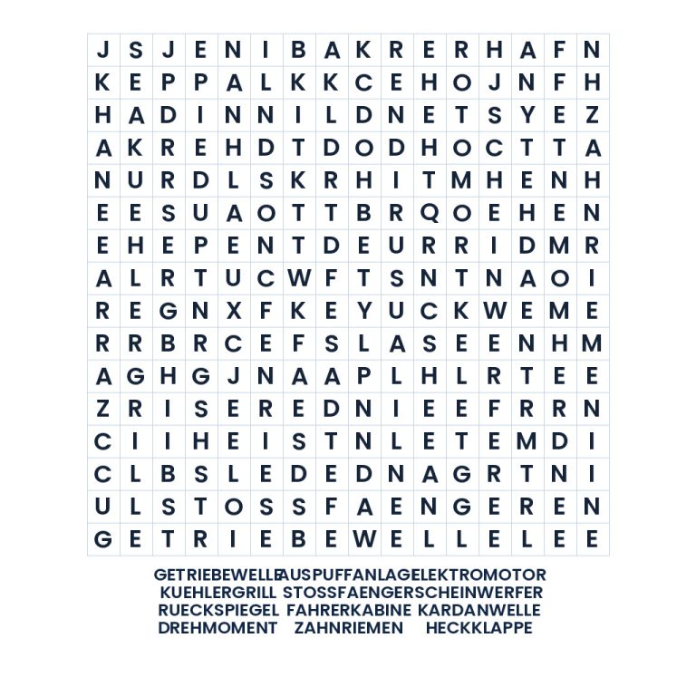 Wortgitter mit Begriffen zu Antrieb und Fahrzeugkarosserie