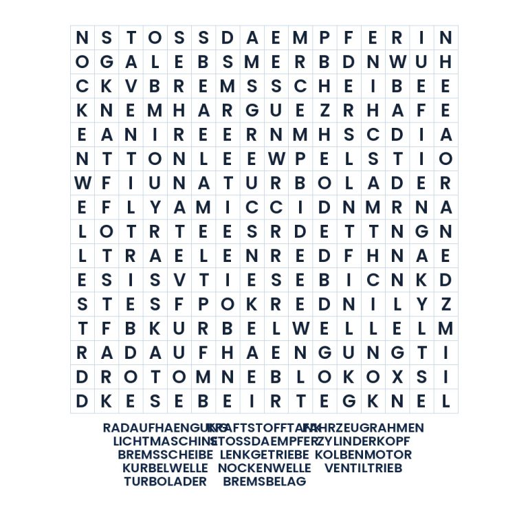Technische Fahrzeugbegriffe in einem anspruchsvollen Wortgitter