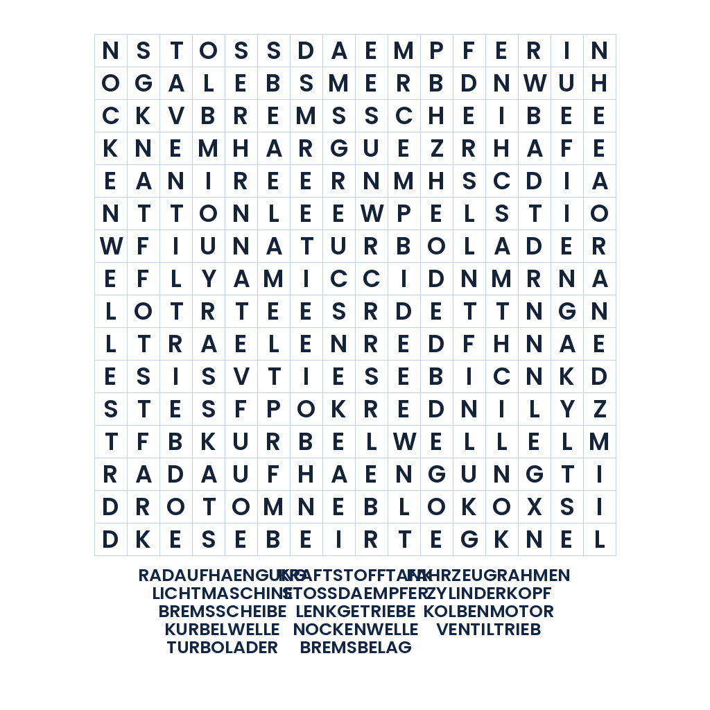 Technische Fahrzeugbegriffe in einem anspruchsvollen Wortgitter