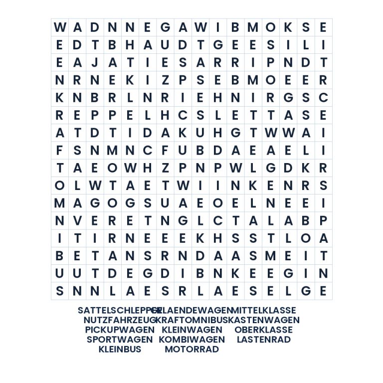 Wortgitter mit unterschiedlichen Fahrzeugklassen