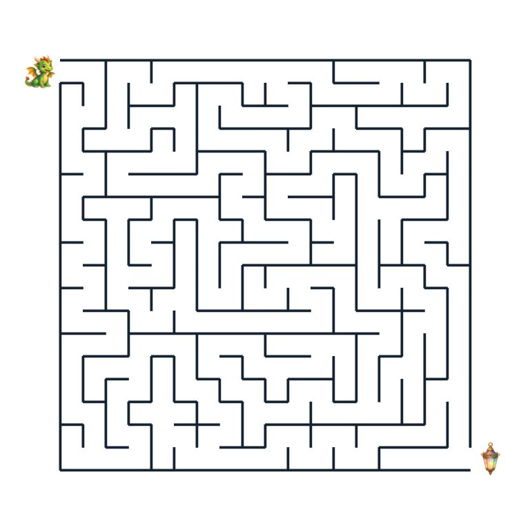 Kleiner Drache auf dem Weg durch ein märchenhaftes Labyrinth zur Festlaterne
