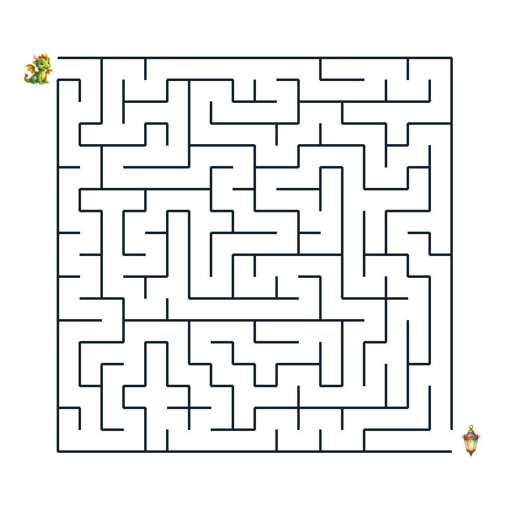 Kleiner Drache auf dem Weg durch ein märchenhaftes Labyrinth zur Festlaterne