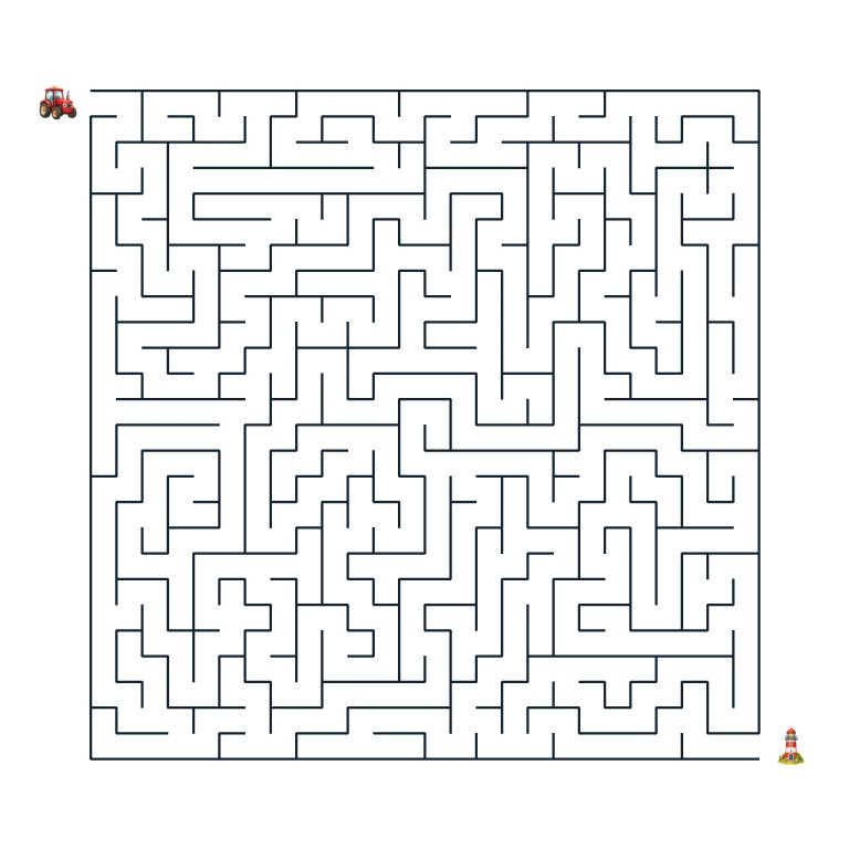 Roter Traktor auf dem Weg durch ein schwieriges Bauernhof-Labyrinth zu einem kleinen Leuchtturm