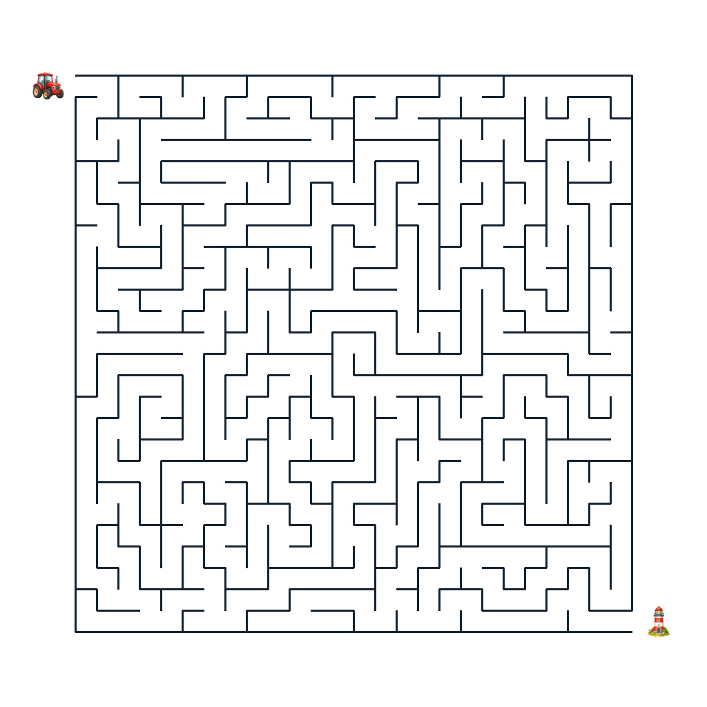 Roter Traktor auf dem Weg durch ein schwieriges Bauernhof-Labyrinth zu einem kleinen Leuchtturm