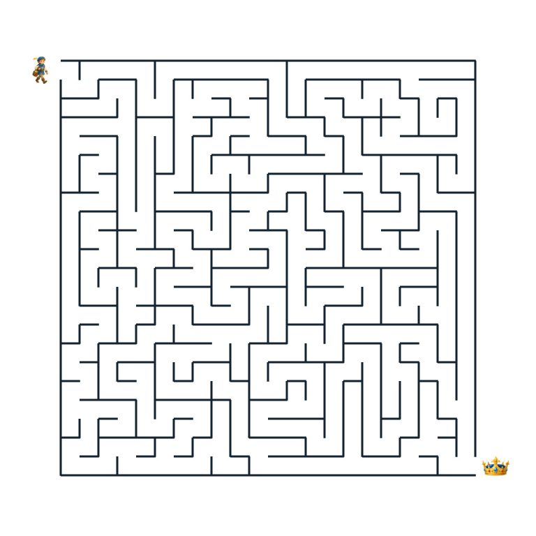 Junger Burgenkurier auf dem Weg durch ein schwieriges Labyrinth zur funkelnden Krone