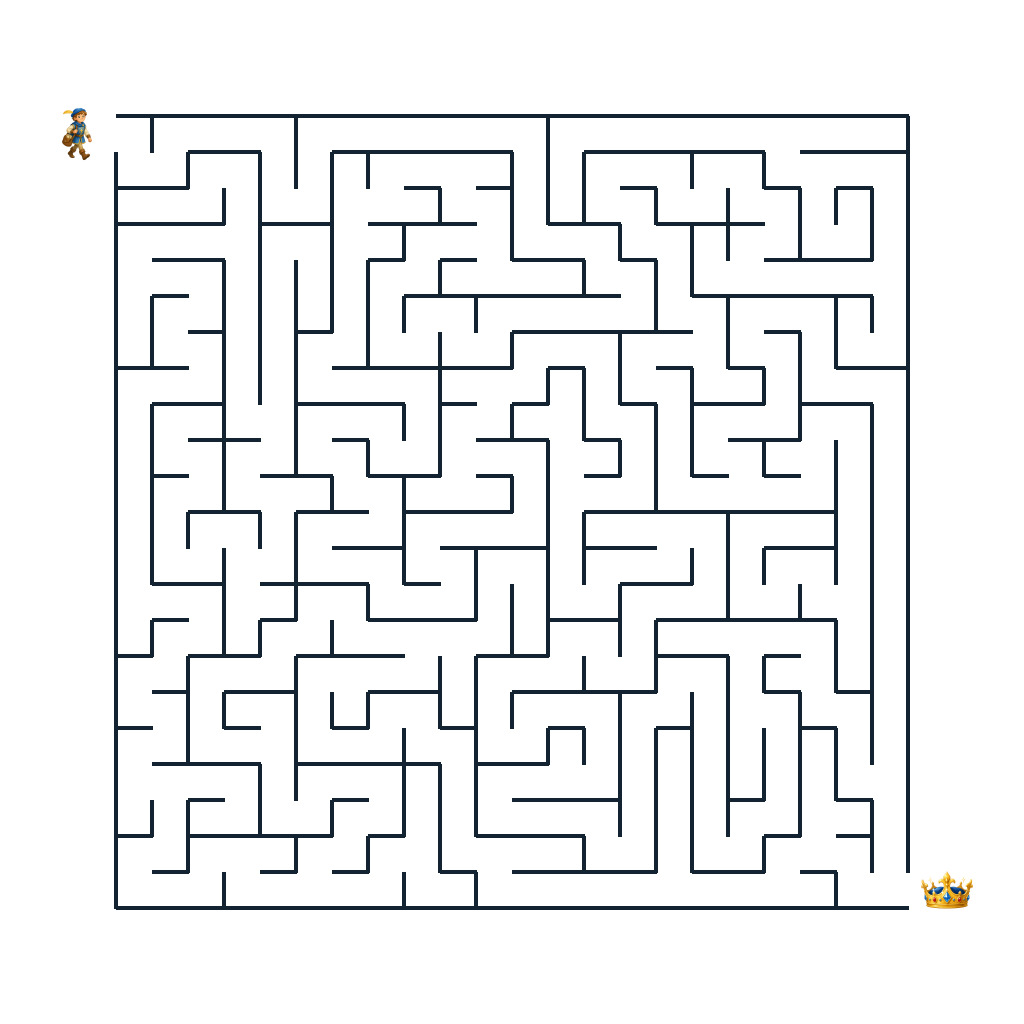 Junger Burgenkurier auf dem Weg durch ein schwieriges Labyrinth zur funkelnden Krone