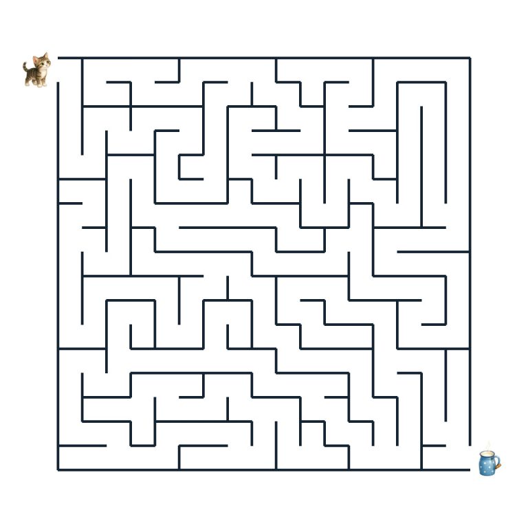 Hofkatze auf dem Weg durch ein Bauernhof-Labyrinth zu einem warmen Milchkrug