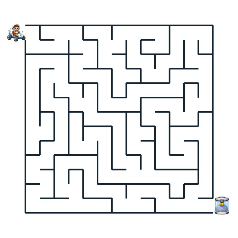 Mika fährt mit seinem Mondbuggy durch ein Mondkrater-Labyrinth zum Mondstaubbehälter